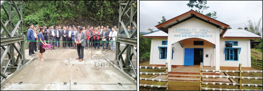 Advisor H Haiying inaugurated Bailey bridge at Luvei Mong (left) and community hall (right) at Langnok village on May 20. (DIPR Photo)